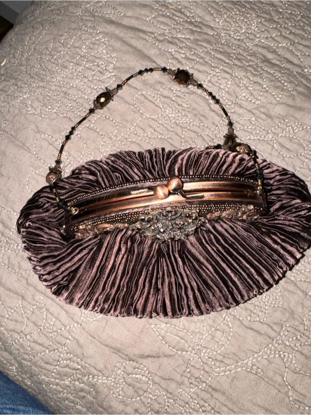 Todd Anthony Evening Pleated Satin Bag with beadwork in Dark Plum Brown